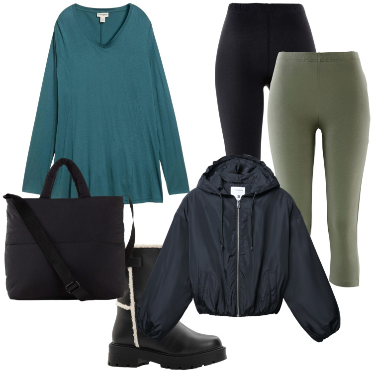 Outfit donna - I leggings in inverno. Stile Basic per Tutti i giorni. Abbinamento con leggings, maglieria, stivali, shopping bag, bomber.