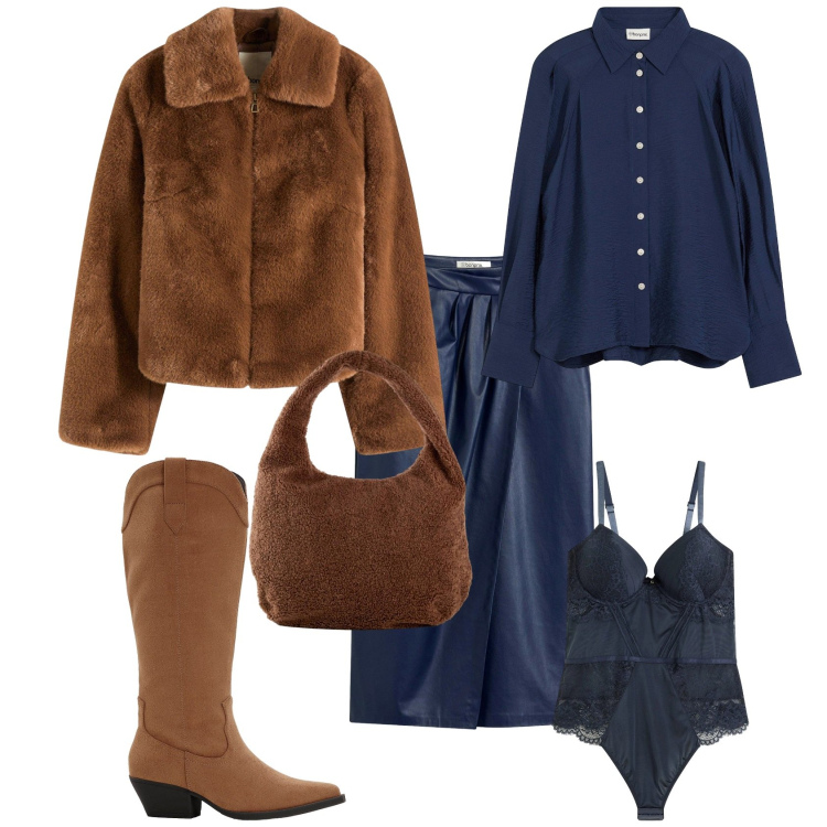 Outfit donna - Serata evento speciale. Stile Casual chic per Serata fuori. Abbinamento con ecopellicce, stivali, shopping bag, gonne longuette, body, camicie.