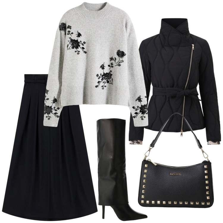 Outfit donna - Total look #2295870. Stile Glamour per Serata fuori. Abbinamento con maglieria, piumini, gonne lunghe, pochette, stivali.