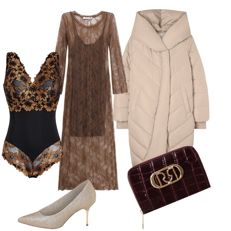 Outfit donna - Total look. Stile Glamour per Serata fuori. Abbinamento con body, vestiti lunghi, décolleté, portafogli, cappotti.