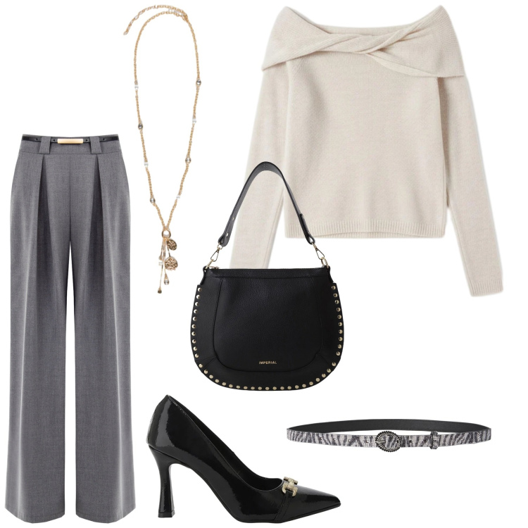 Outfit donna - Total look #2295872. Stile Minimal per Ufficio. Abbinamento con pantaloni a palazzo, maglieria, cinture, décolleté, borse a spalla, ciondoli.