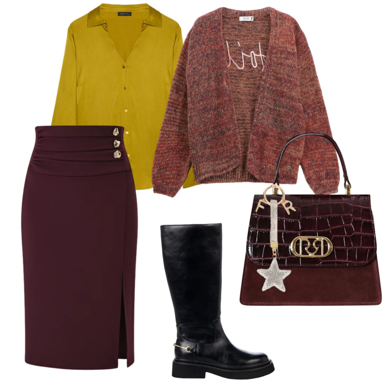Outfit donna - Un ufficio così. per Ufficio. Abbinamento con cardigans, gonne longuette, stivali sopra il ginocchio, borse a mano, camicie, portachiavi.
