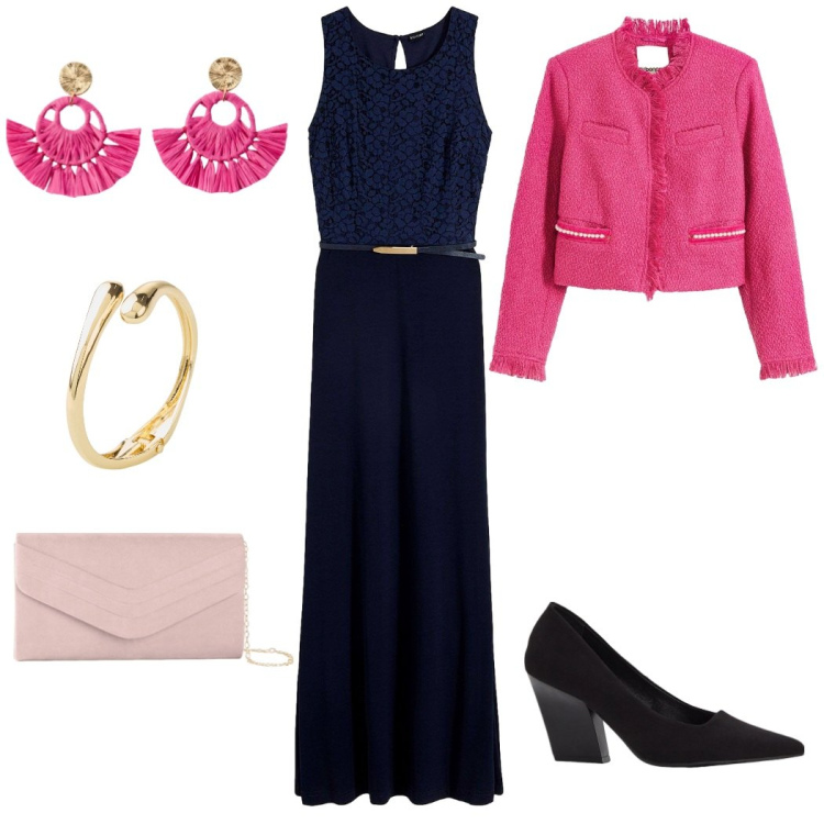 Outfit donna - Black and Pink glamour. Stile Glamour per Cerimonia. Abbinamento con vestiti lunghi, décolleté, blazer, pochette, orecchini, braccialetti.