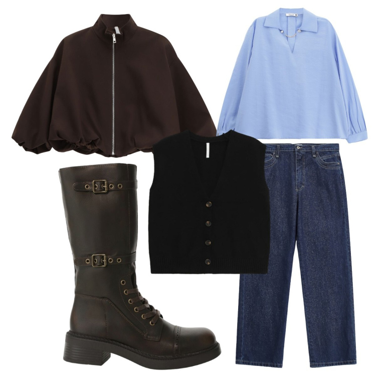 Outfit donna - Prima domenica di dicembre. Stile Preppy per Tutti i giorni. Abbinamento con camicie, jeans dritti, bomber, stivali, gilet.