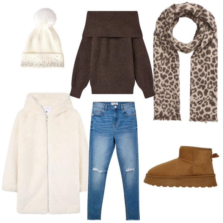 Outfit donna - Casual caldo. Stile Casual per Tutti i giorni. Abbinamento con cappotti, jeans strappati, maglieria, stivali, berretti, sciarpe.