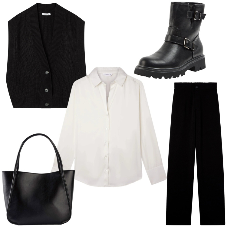 Outfit donna - L\' eleganza del bianco e del nero. Stile Chic per Tutti i giorni. Abbinamento con shopping bag, pantaloni, maglieria, stivaletti, camicie.