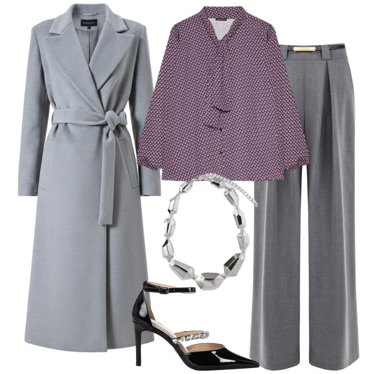 Outfit donna - Purple & grey. Stile Bon Ton per Serata fuori. Abbinamento con pantaloni a palazzo, cappotti, décolleté, ciondoli, camicie.