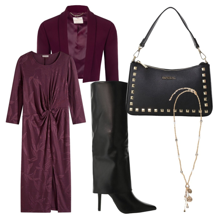 Outfit donna - November purple. Stile Sexy per Serata fuori. Abbinamento con vestiti midi/longuette, blazer, pochette, stivali, ciondoli.