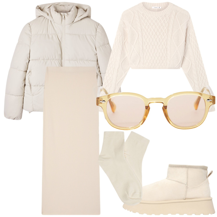 Outfit donna - Le sfumature candide. Stile Casual chic per Tutti i giorni. Abbinamento con gonne lunghe, maglieria, bomber, stivaletti, occhiali da sole, collant.