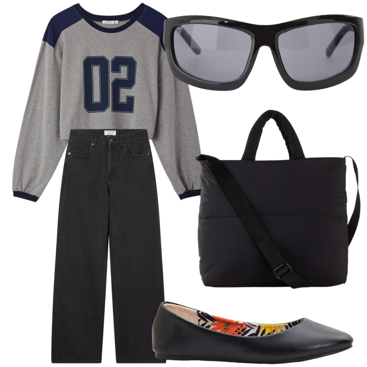 Outfit donna - A passeggio. Stile Trendy per Tutti i giorni. Abbinamento con ballerine, shopping bag, jeans, t-shirt, occhiali da sole.