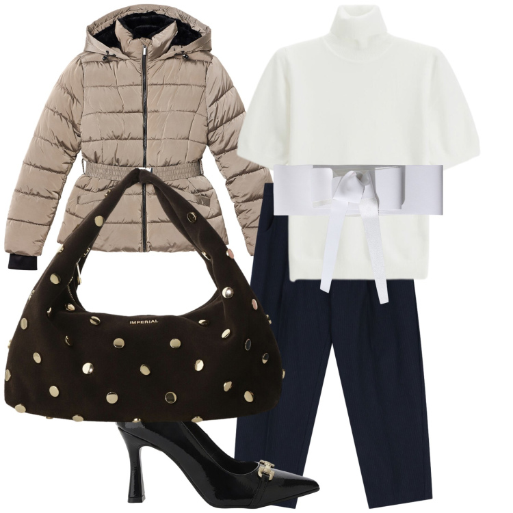 Outfit donna - Total look. Stile Trendy per Ufficio. Abbinamento con pantaloni, piumini, cinture, décolleté, maglieria, borse a spalla.