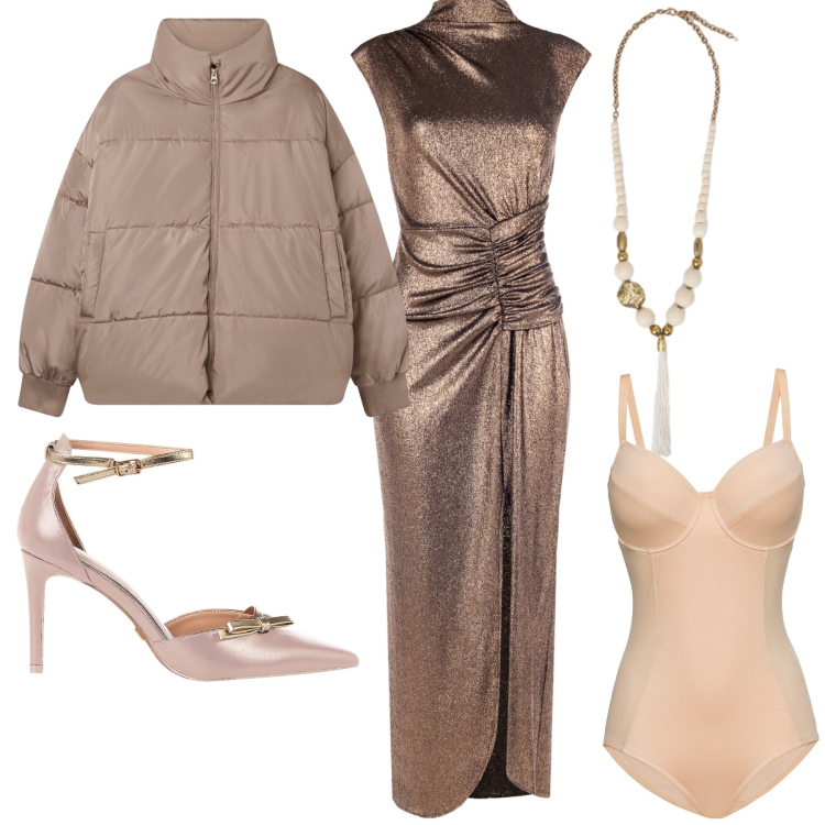 Outfit donna - Una diva in inverno. Stile Glamour per Serata fuori. Abbinamento con body, vestiti lunghi, décolleté, bomber, ciondoli.