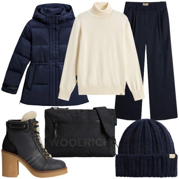 Outfit donna - Woolrich - Black Friday. Stile Casual chic per Serata fuori. Abbinamento con pantaloni, stivaletti, borse a tracolla, piumini, berretti, maglieria.