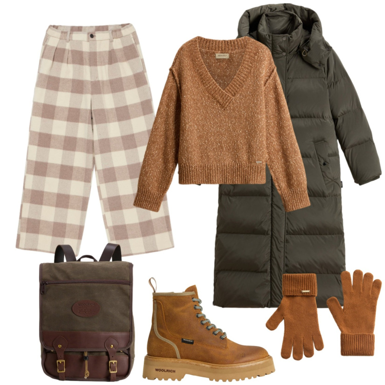 Outfit donna - Cozy ma raffinato. Stile Preppy per Tutti i giorni. Abbinamento con anfibi, guanti, pantaloni, maglieria, parka, zaini.