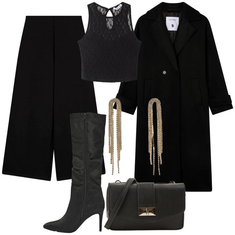 Outfit donna - Orecchini che illuminano. Stile Chic per Serata fuori. Abbinamento con pantaloni culotte, cappotti, top, stivali, orecchini, borse a tracolla.