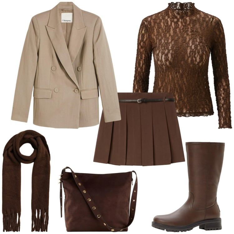 Outfit donna - Total look #2295902. Stile Chic per Serata fuori. Abbinamento con blazer, shopping bag, stivali, bluse, minigonne, sciarpe.