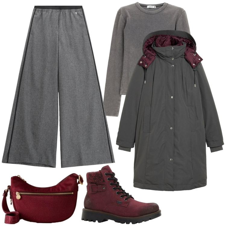 Outfit donna - Grigio e bordeaux. Stile Basic per Tutti i giorni. Abbinamento con cappotti, stivaletti, pantaloni, maglieria, borse a tracolla.