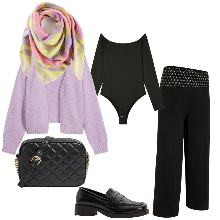 Outfit donna - Total look #2295904. Stile Casual per Tutti i giorni. Abbinamento con mocassini, pantaloni culotte, cardigans, sciarpe, borse a tracolla, body.