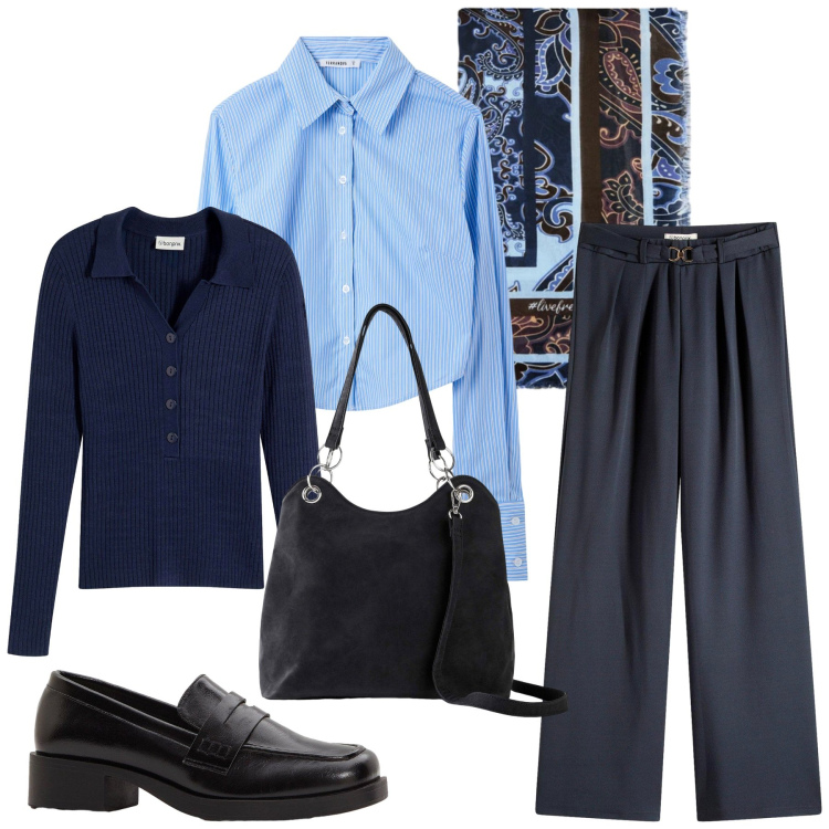 Outfit donna - Camicia e foulard. Stile Mannish per Ufficio. Abbinamento con maglieria, mocassini, pantaloni, borse a mano, camicie, foulard.