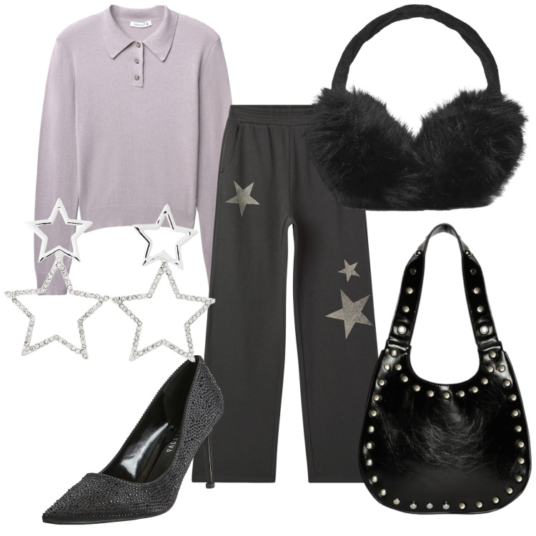 Outfit donna - Ben coperta nella notte stellata. Stile Sporty chic per Serata fuori. Abbinamento con pantaloni, décolleté, orecchini, cappelli, polo, borse a spalla.