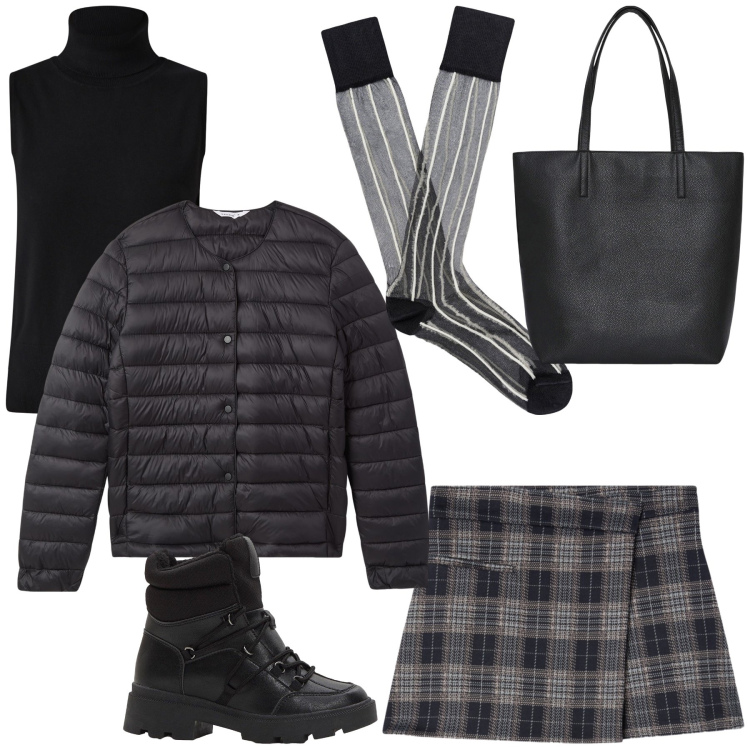 Outfit donna - Total look. Stile Preppy per Tutti i giorni. Abbinamento con stivaletti, maglieria, minigonne, borse tote, piumini, calzini.