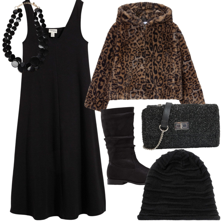 Outfit donna - Una bella Ecopelliccia. Stile Trendy per Serata fuori. Abbinamento con vestiti, stivali, berretti, ecopellicce, borse a tracolla, collane.