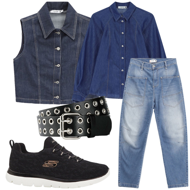 Outfit donna - All jeans. Stile Casual per Tutti i giorni. Abbinamento con sneakers, cinture, gilet, jeans, camicie.