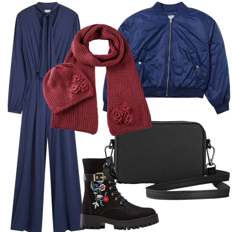 Outfit donna - La tuta in ufficio, ma calda. Stile Trendy per Ufficio. Abbinamento con stivali, sciarpe, borse a tracolla, tute, bomber.