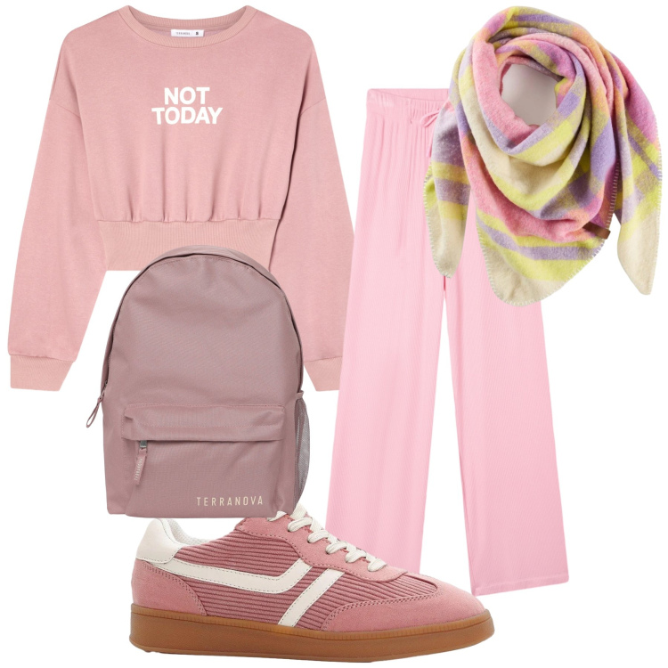 Outfit donna - Yes today in pink. Stile Casual chic per Tutti i giorni. Abbinamento con sneakers, sciarpe, zaini, felpe, pantaloni.