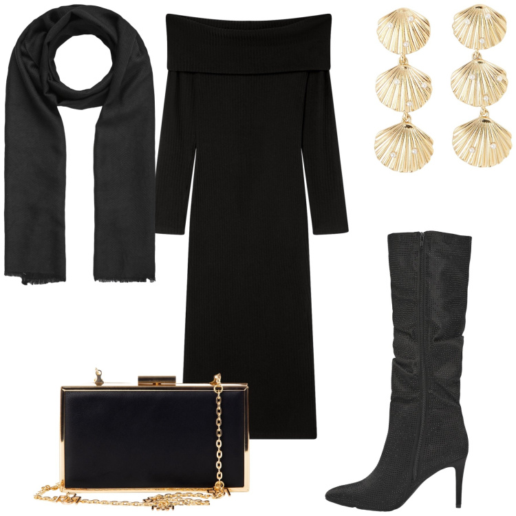 Outfit donna - Ricordo d estate. Stile Glamour per Serata fuori. Abbinamento con pochette, orecchini, foulard, vestiti lunghi, stivali.