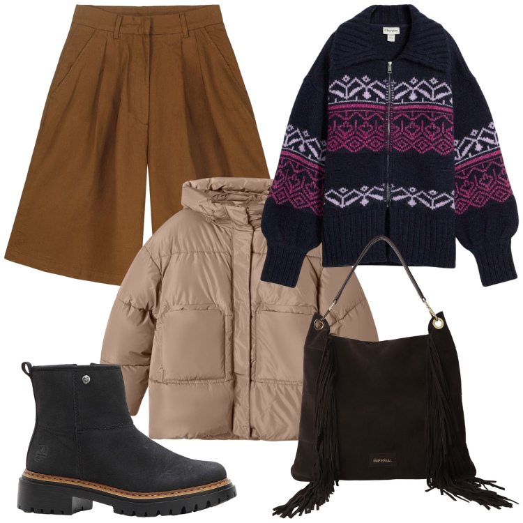 Outfit donna - Bermuda look. Stile Trendy per Tutti i giorni. Abbinamento con cardigans, stivaletti, bomber, borse a spalla, bermuda.