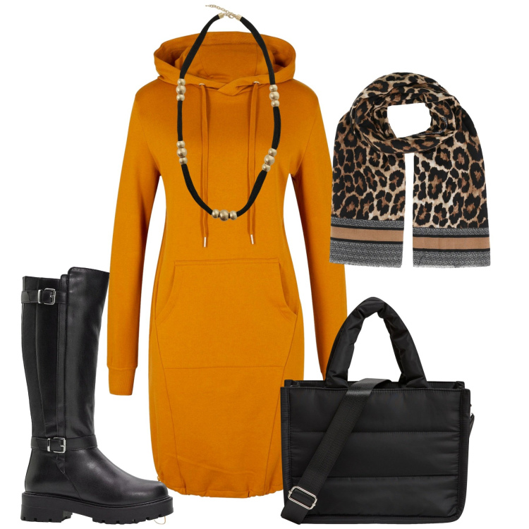 Outfit donna - Total look #2295918. Stile Sporty chic per Tutti i giorni. Abbinamento con vestiti, stivali, foulard, shopping bag, collane.