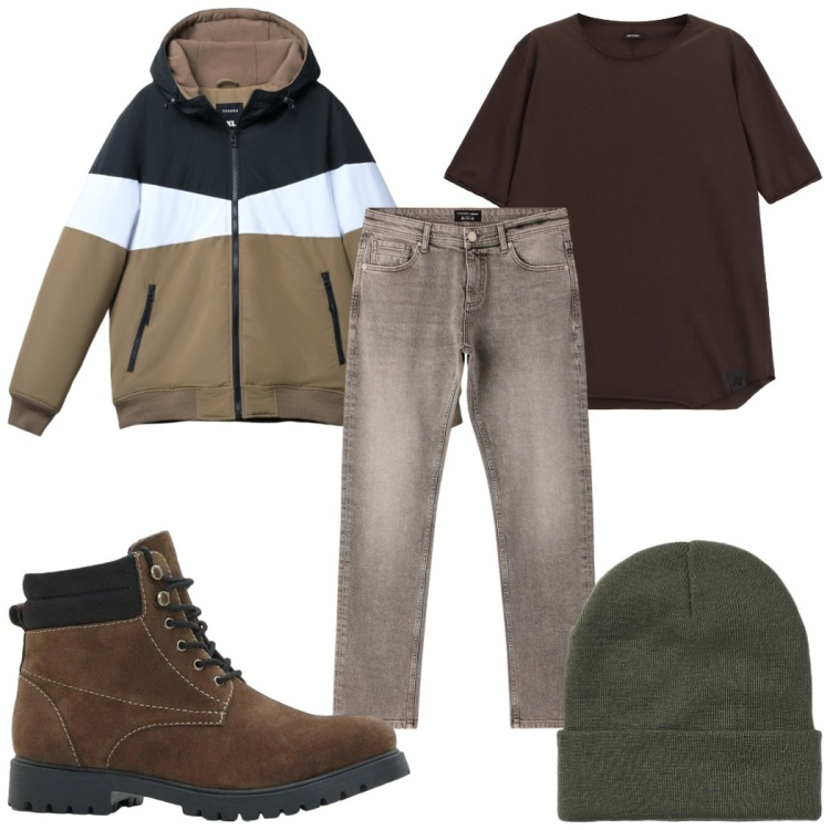 Outfit uomo - Total look #2295920. Stile Trendy per Tutti i giorni. Abbinamento con stivali e stivaletti, jeans, piumini, berretti, t-shirt.