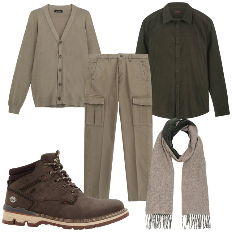Outfit uomo - Total look #2295923. Stile Casual per Tutti i giorni. Abbinamento con stivali e stivaletti, pantaloni cargo, cardigans, sciarpe, camicie.