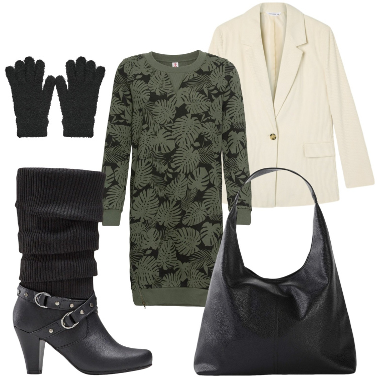 Outfit donna - Il vestito con stampa. Stile Minimal per Tutti i giorni. Abbinamento con stivali, vestiti, shopping bag, blazer, guanti.