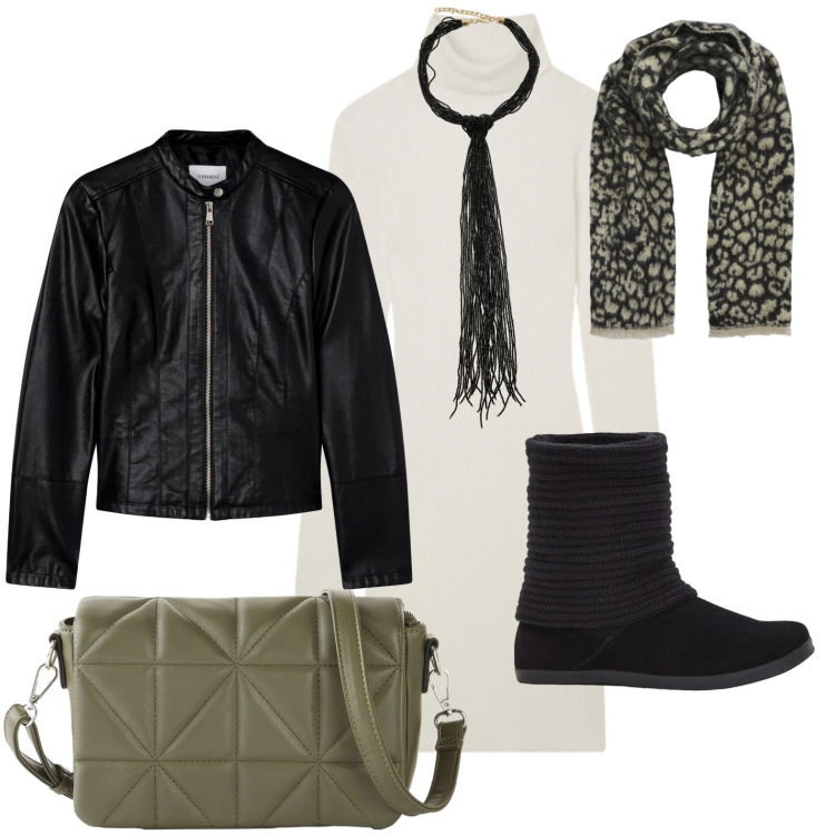 Outfit donna - Il vestito confortevole. Stile Minimal per Ufficio. Abbinamento con stivali, borse a tracolla, giacche, vestiti corti, sciarpe, collane.