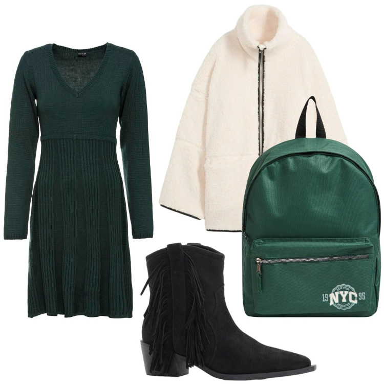 Outfit donna - Lo zaino pratico. Stile Glamour per Scuola/Università. Abbinamento con stivaletti texani, blazer, vestiti, zaini.