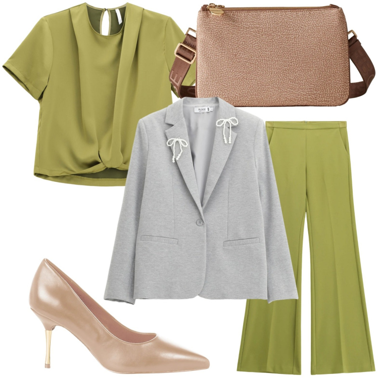 Outfit donna - Verde raffinato. Stile Minimal per Tutti i giorni. Abbinamento con blazer, décolleté, bluse, pantaloni, borse a tracolla.