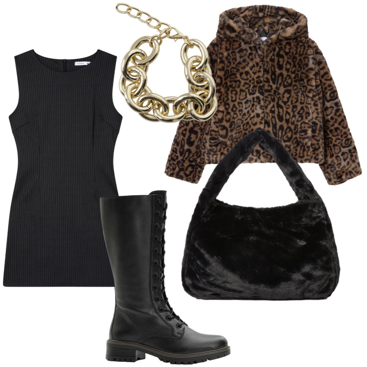 Outfit donna - L\'ecopelliccia leopardata. Stile Urban per Serata fuori. Abbinamento con stivali, vestiti senza maniche, ecopellicce, braccialetti, borse a spalla.