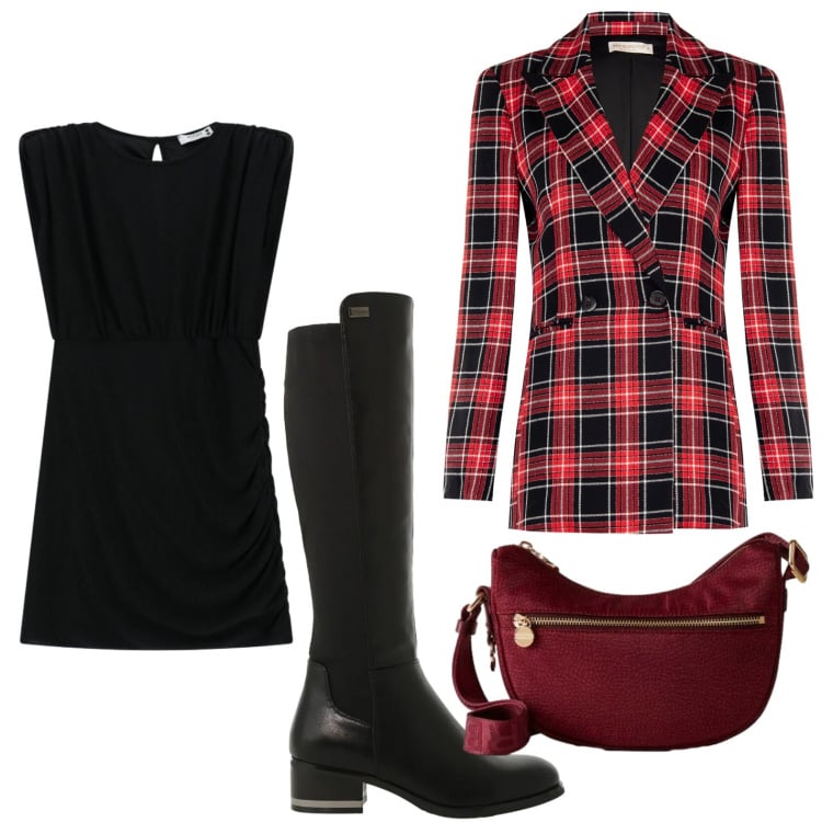 Outfit donna - La giacca scozzese. Stile Minimal per Tutti i giorni. Abbinamento con vestiti corti, blazer, stivali sopra il ginocchio, borse a tracolla.