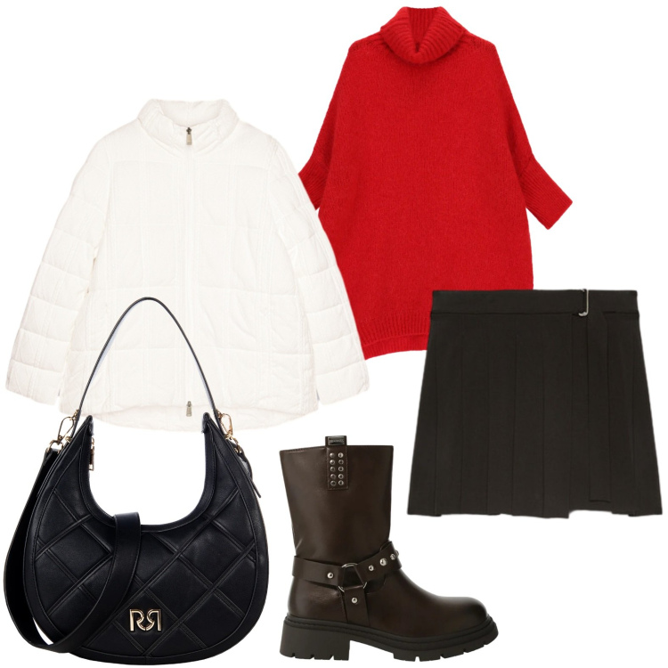Outfit donna - Red passion. Stile Minimal per Tutti i giorni. Abbinamento con borse a tracolla, maglieria, stivali, piumini, minigonne.