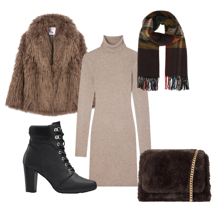 Outfit donna - Caldo e chic. Stile Casual chic per Tutti i giorni. Abbinamento con stivaletti, sciarpe, vestiti corti, ecopellicce, borse a tracolla.