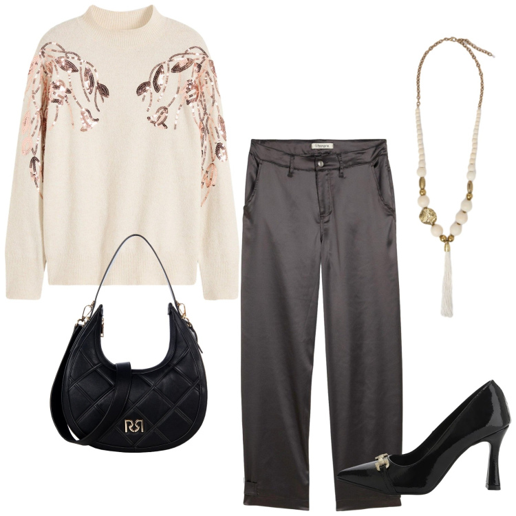 Outfit donna - Total look #2295938. Stile Glamour per Serata fuori. Abbinamento con pantaloni, maglieria, borse a tracolla, décolleté, ciondoli.