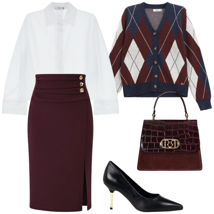 Outfit donna - Total look #2295939. Stile Chic per Serata fuori. Abbinamento con camicie, cardigans, décolleté, gonne longuette, borse a mano.