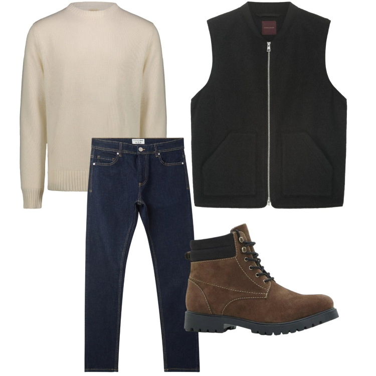 Outfit uomo - Look contemporaneo. Stile Casual per Tutti i giorni. Abbinamento con stivali e stivaletti, jeans skinny, maglieria, piumini.