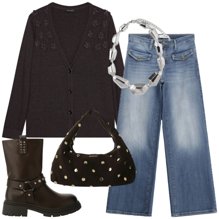 Outfit donna - Per tutti i giorni. Stile Casual per Tutti i giorni. Abbinamento con jeans, stivali, borse a spalla, cardigans, ciondoli.