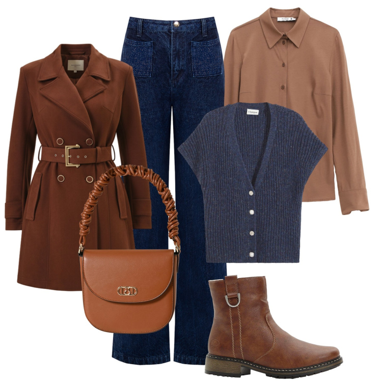 Outfit donna - Layering urbano. Stile Urban per Tutti i giorni. Abbinamento con stivaletti, maglieria, camicie, jeans, borse a mano, trench.