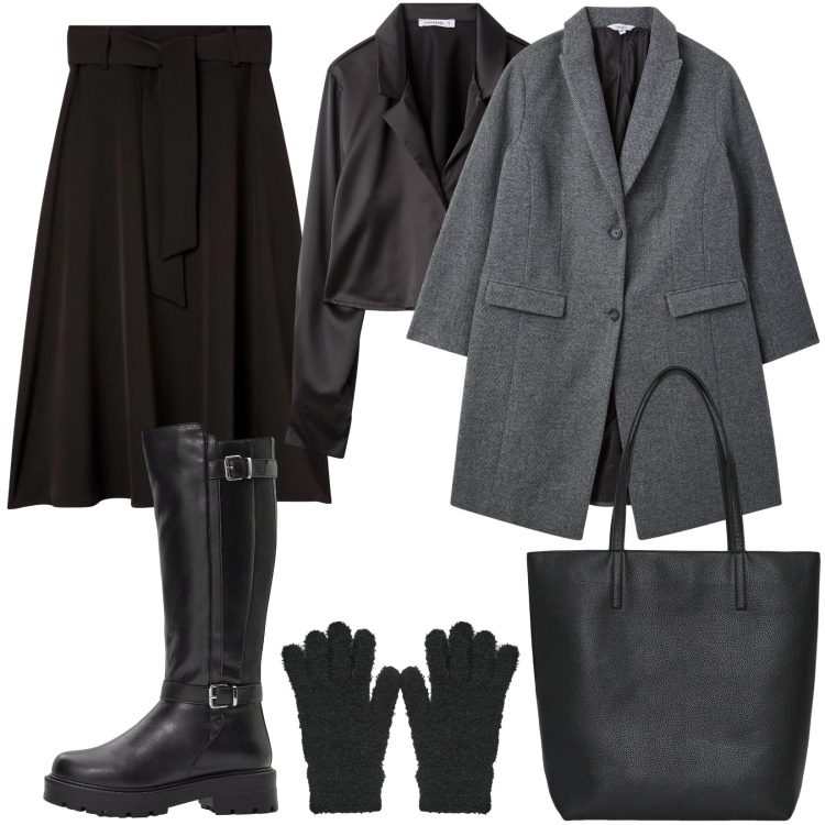 Outfit donna - Un caffè in centro. Stile Chic per Tutti i giorni. Abbinamento con stivali, camicie, gonne lunghe, cappotti, borse tote, guanti.