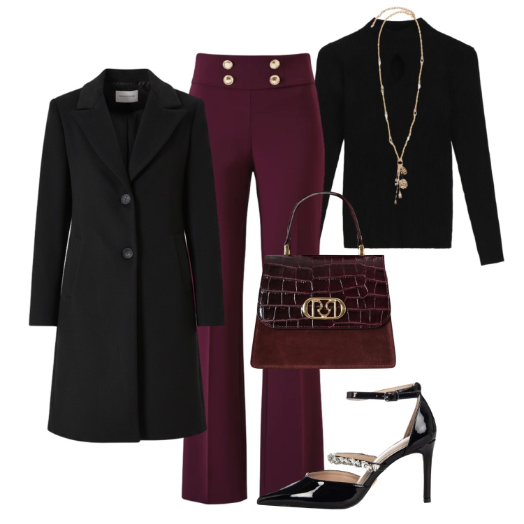 Outfit donna - Minimal chic. Stile Glamour per Serata fuori. Abbinamento con pantaloni, décolleté, borse a mano, cappotti, maglieria, ciondoli.