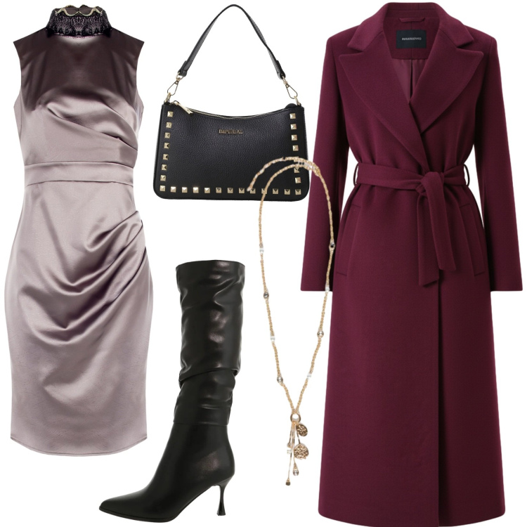 Outfit donna - Serata stilosa. Stile Chic per Serata fuori. Abbinamento con cappotti, vestiti a tubino, pochette, stivali sopra il ginocchio, ciondoli.